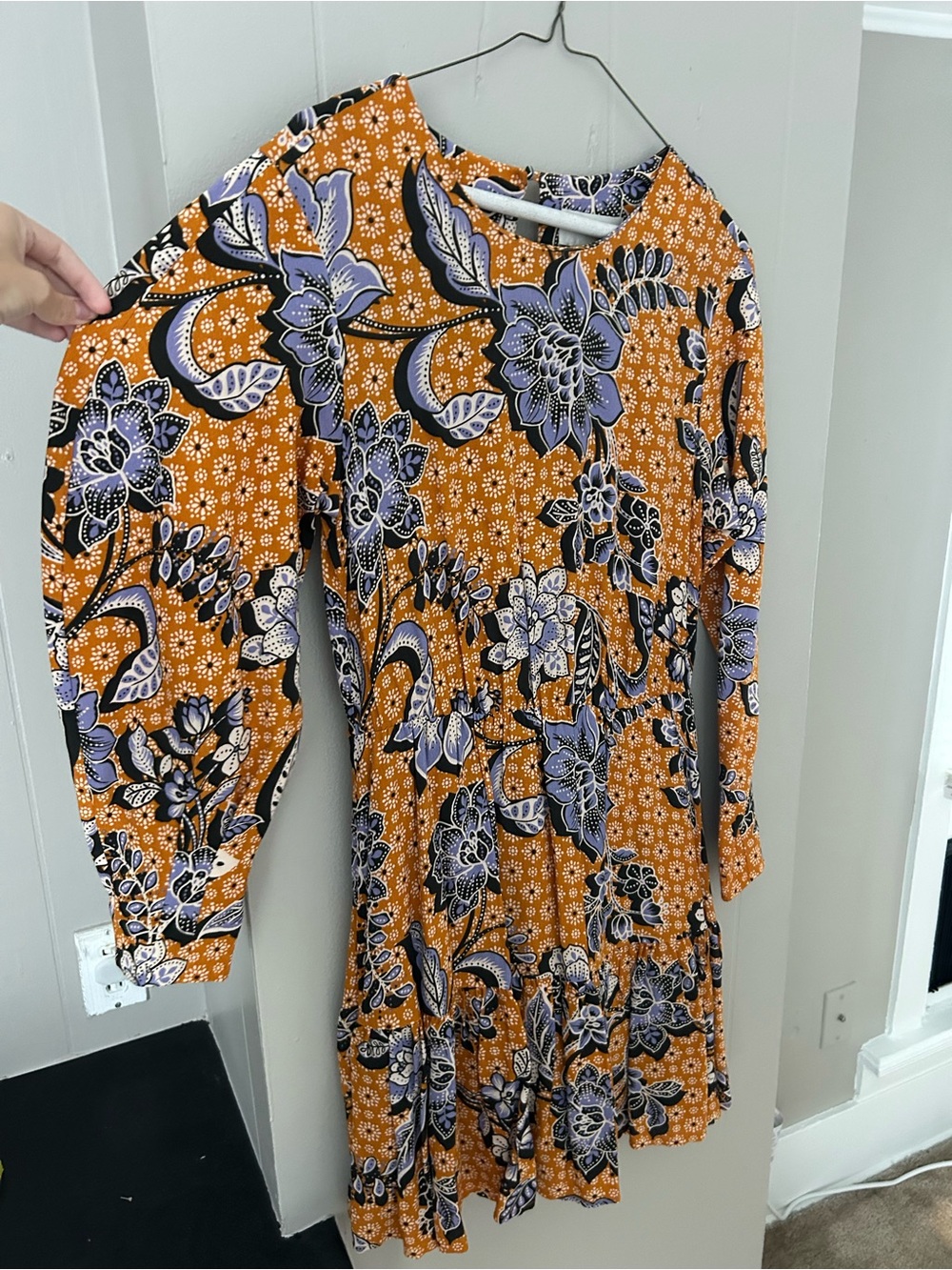 Anthropologie Barrel sleeve Orange Floral Tiered Dress with Blue & Black Print